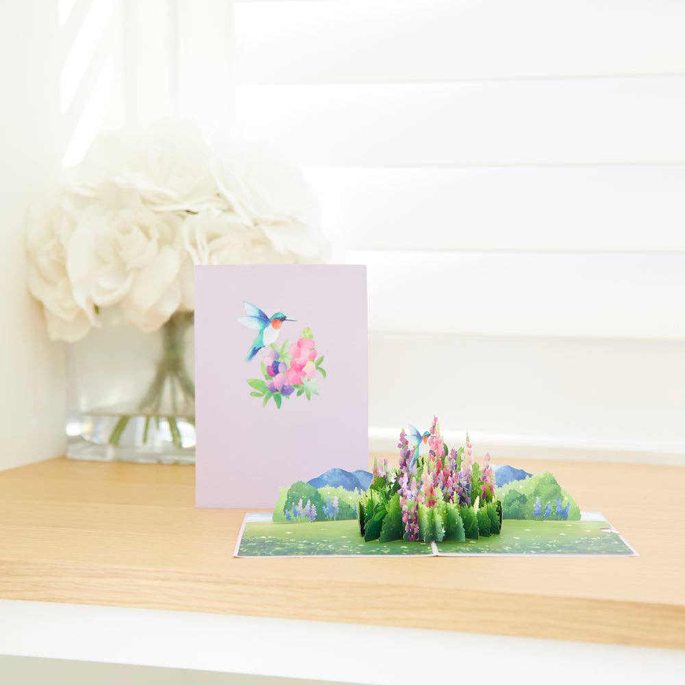 Lupine Hummingbird Pop-Up Cards 5x7", Handmade, Love