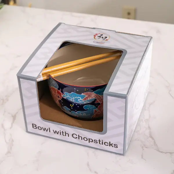 Koi Fish Design 18oz 5.25"D Bowl With Chopsticks Set