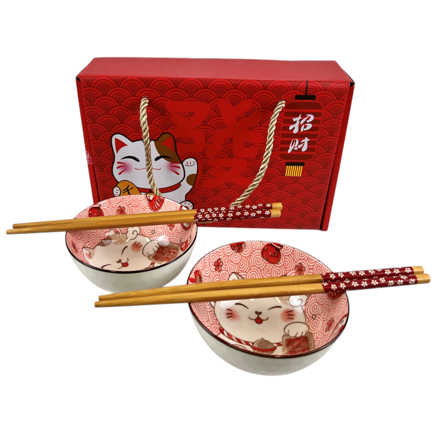 Maneki Neko Lucky Cat Double Rice Set of 10oz 4.5"D Bowl With Chopsticks (1/24)