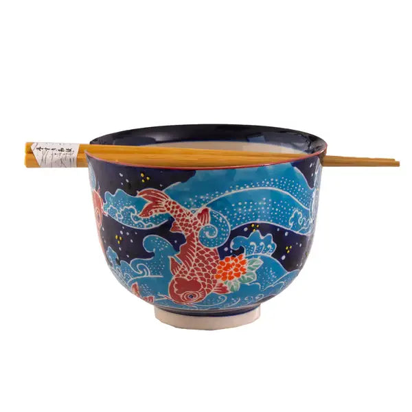 Koi Fish Design 18oz 5.25"D Bowl With Chopsticks Set