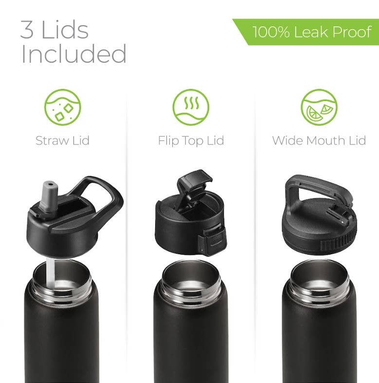 Insulated Water Bottle, 25 oz. With Three Lids