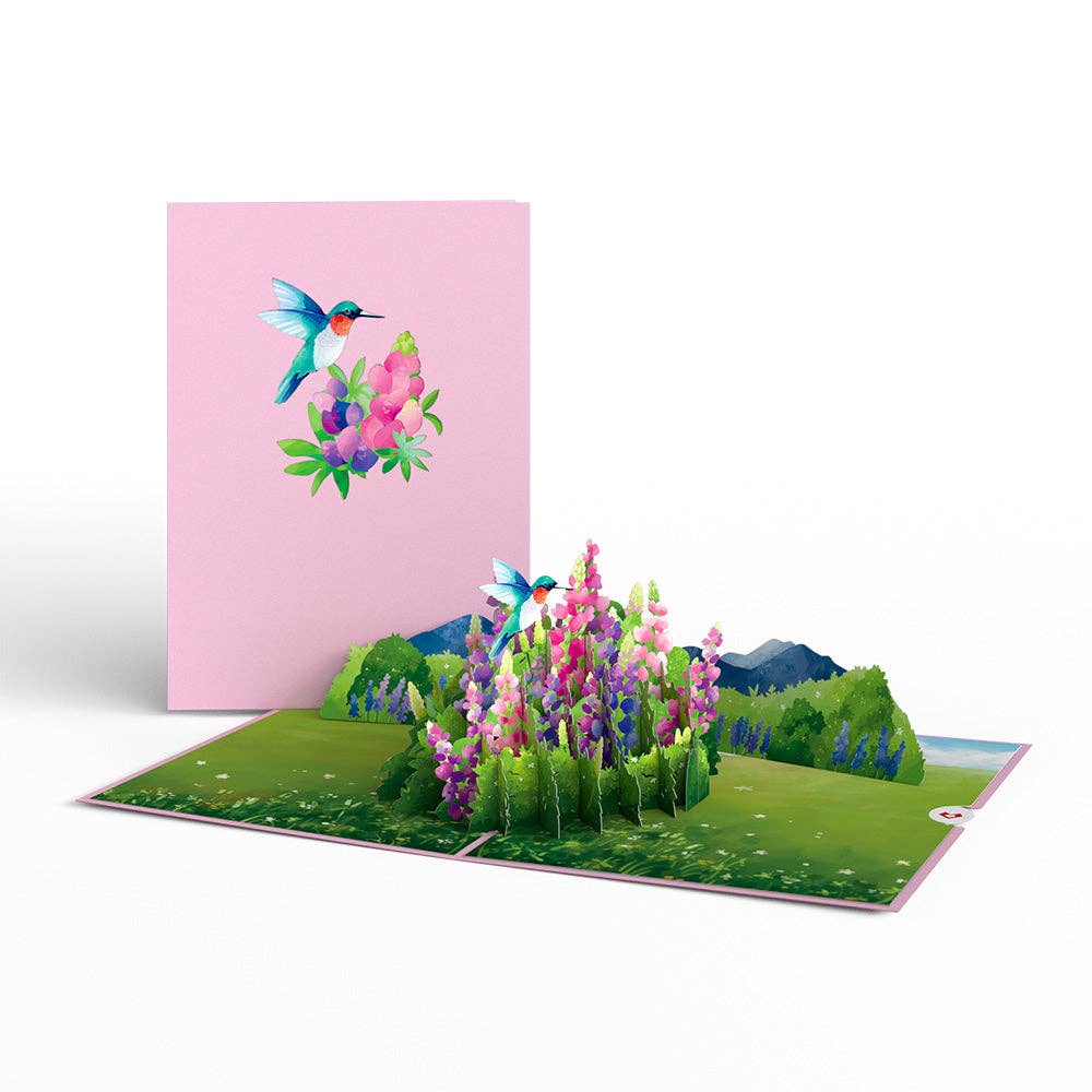 Lupine Hummingbird Pop-Up Cards 5x7", Handmade, Love