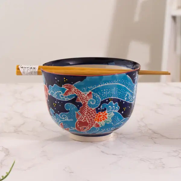 Koi Fish Design 18oz 5.25"D Bowl With Chopsticks Set