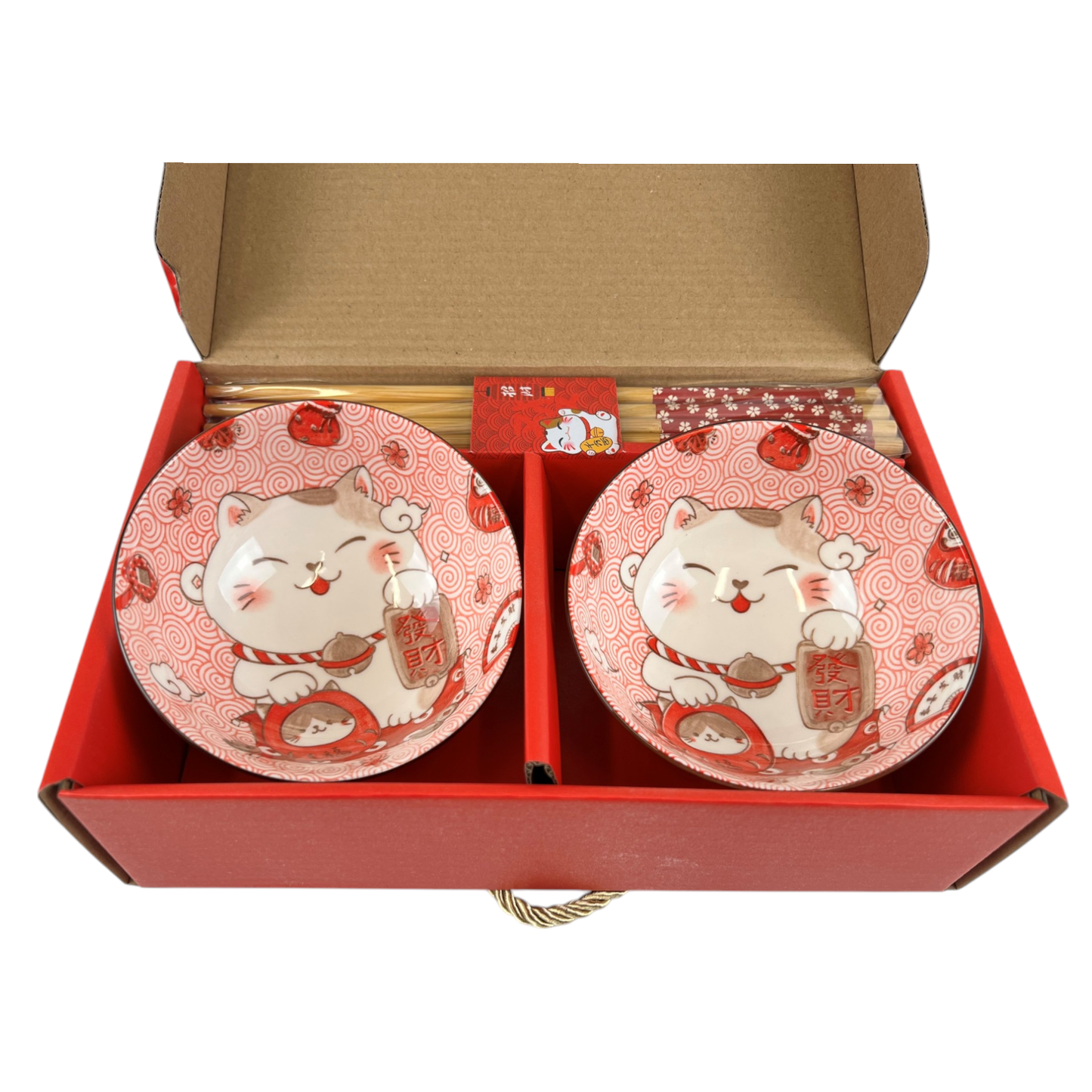Maneki Neko Lucky Cat Double Rice Set of 10oz 4.5"D Bowl With Chopsticks (1/24)