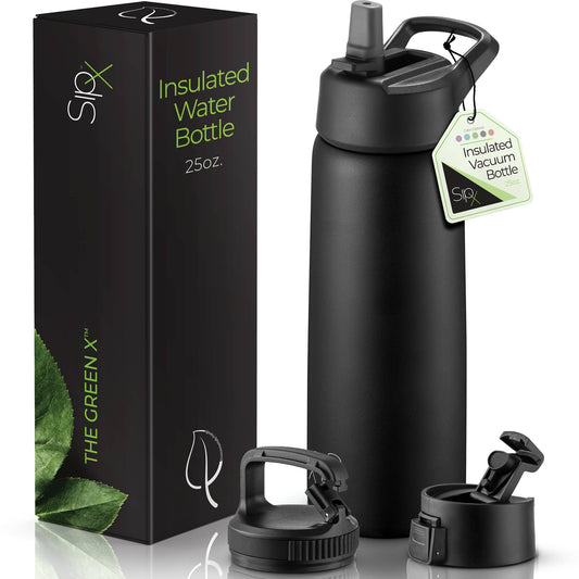Insulated Water Bottle, 25 oz. With Three Lids