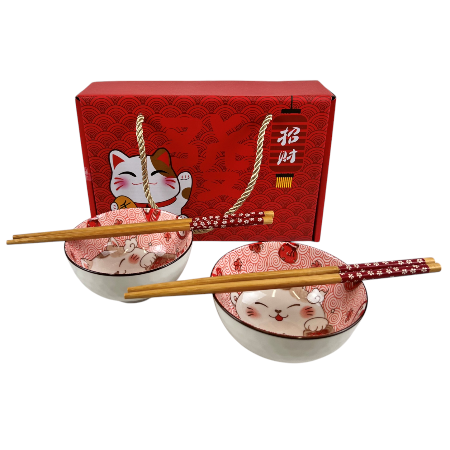 Maneki Neko Lucky Cat Double Rice Set of 10oz 4.5"D Bowl With Chopsticks (1/24)