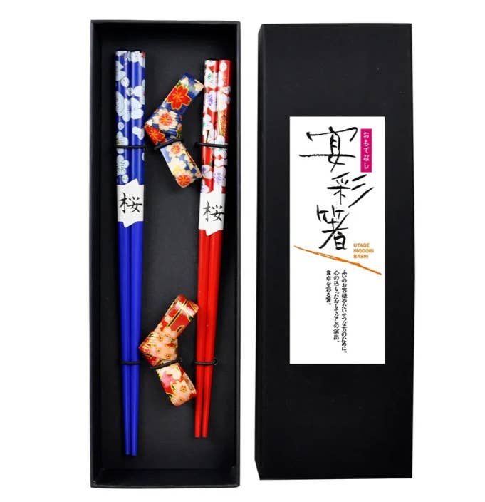 Red & Blue Cherry Blossom Bamboo Chopsticks