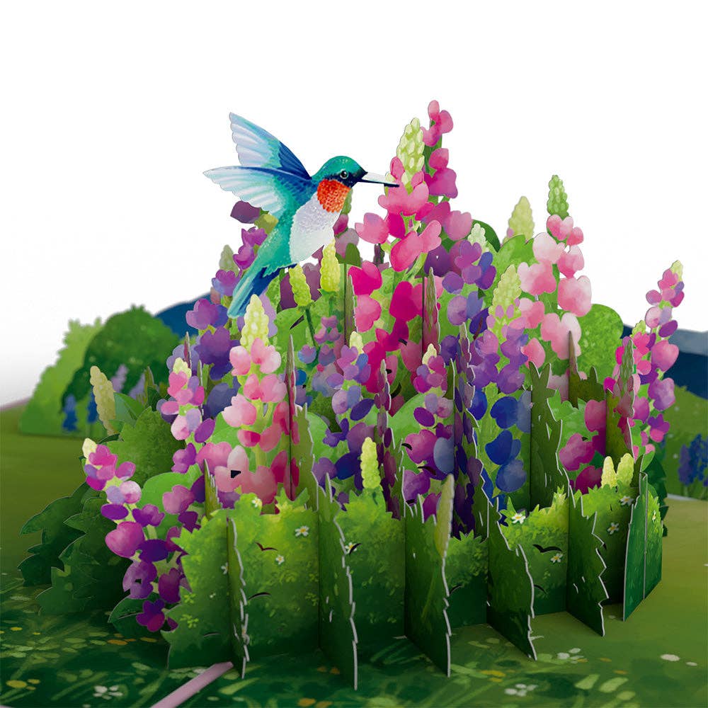 Lupine Hummingbird Pop-Up Cards 5x7", Handmade, Love
