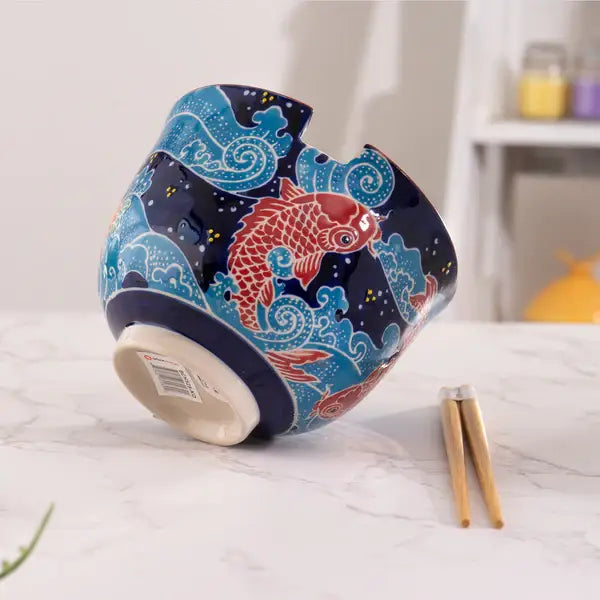 Koi Fish Design 18oz 5.25"D Bowl With Chopsticks Set